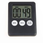 A black digital coffee and espresso timer, showing a clear LCD display and simple start-stop buttons, with a magnetic back