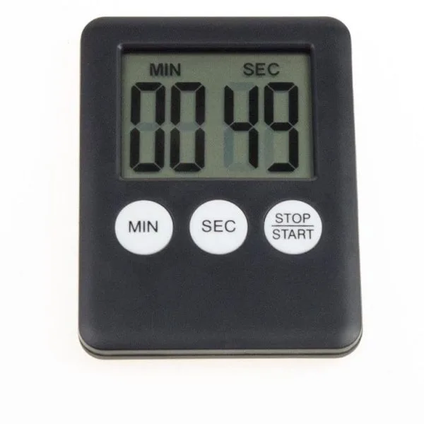 A black digital coffee and espresso timer, showing a clear LCD display and simple start-stop buttons, with a magnetic back