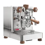 The Lelit Bianca V3 espresso machine in stainless steel, showing its wooden accents, E61 group head with flow control paddle, and PID display