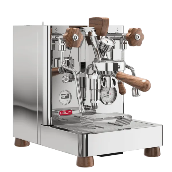 The Lelit Bianca V3 espresso machine in stainless steel, showing its wooden accents, E61 group head with flow control paddle, and PID display