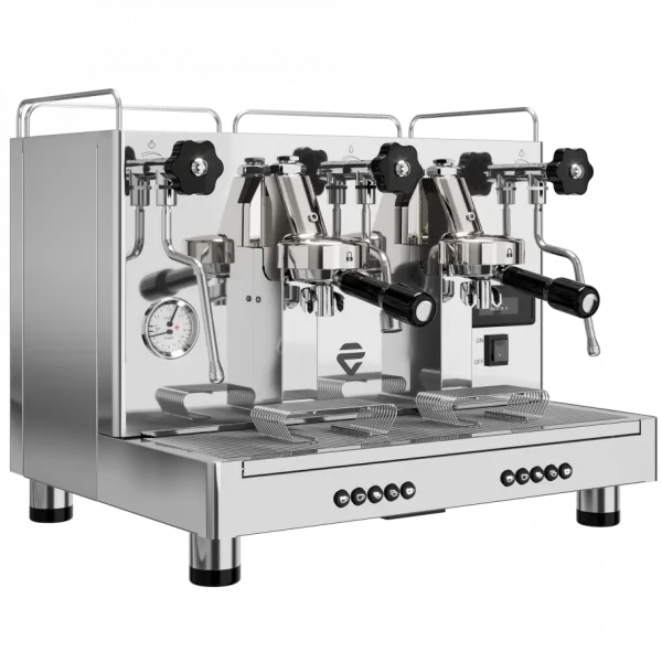 The Lelit Giulietta X PL2VX, a 2-group automatic commercial espresso machine in stainless steel, with digital display and volumetric keypads.