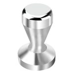 A professional stainless steel coffee tamper with an ergonomic black handle, used for tamping espresso grounds in a portafilter.