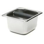 A coffee knock box with a stainless steel rubber-coated knock bar, used for disposing of espresso pucks.