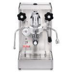 The Lelit Mara X, a compact home espresso machine in polished stainless steel, with a portafilter locked into its E61 group head.