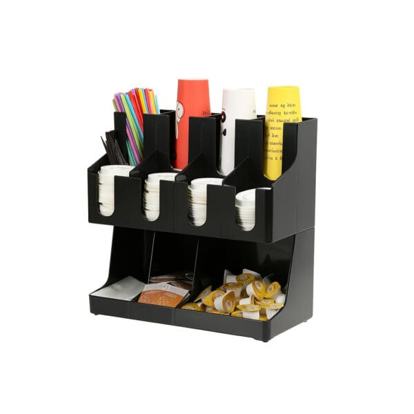 11 compartment coffee condiment organizer with cup holders, straw storage, and accessory compartments for cafés in Bangladesh