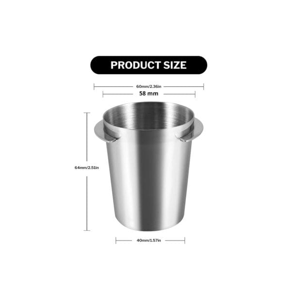 Premium 58mm stainless steel espresso dosing cup for clean and precise coffee preparation.