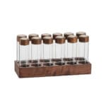Glass coffee bean storage tube set with wooden stand and airtight bamboo lids in Bangladesh