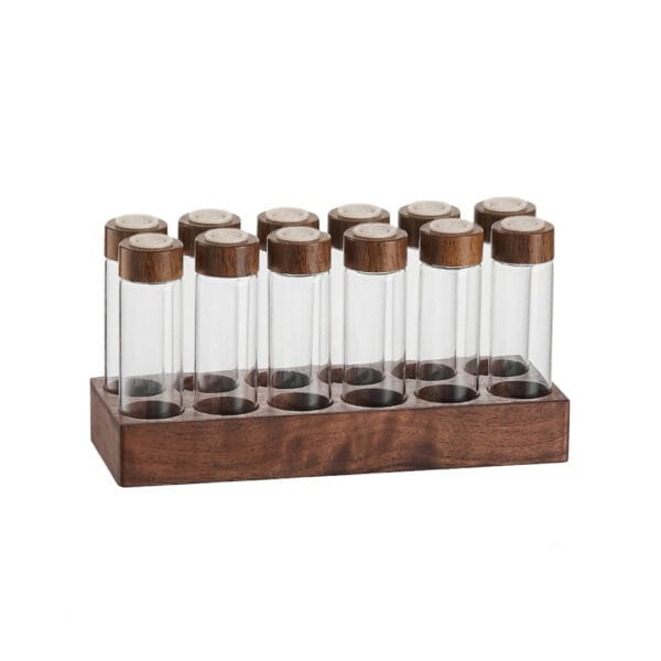 Glass coffee bean storage tube set with wooden stand and airtight bamboo lids in Bangladesh